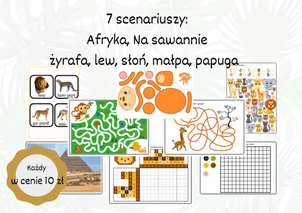 Afryka 7 scenariuszy Afryka (Wartość 12 zł) + piękny wiersz: na sawannie, lew, słoń, małpa, papuga, żyrafa