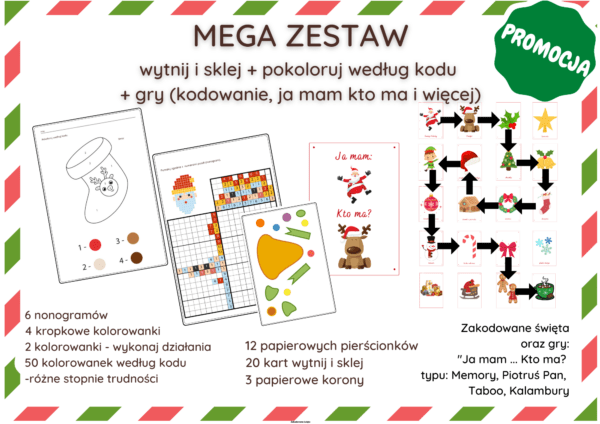 Mega zestaw: Świąteczny zestaw gier, Pokoloruj według kodu, Wytnij i sklej