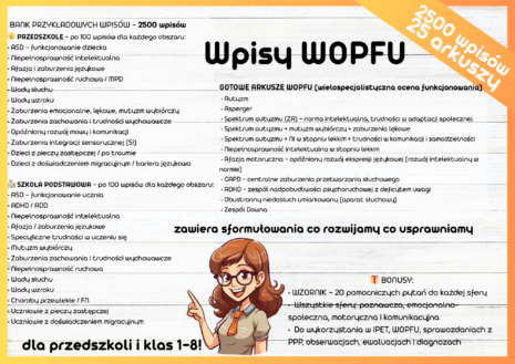 „Okładka materiału: Wpisy WOPFU – przykładowe wpisy do WOPFU (Wielospecjalistyczna Ocena Poziomu Funkcjonowania)”